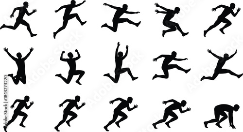 Collection of running and jumping athlete silhouettes in dynamic action poses, ideal for sports illustrations, fitness designs, motion graphics, and energetic vector artwork.