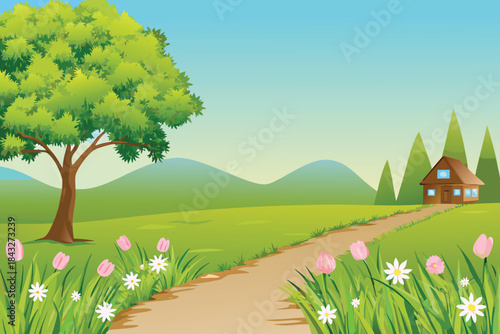 a peaceful countryside scene with lush green fields a tree and a