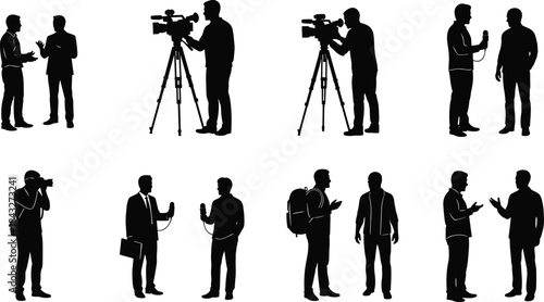 Collection of reporter and cameraman silhouettes showing interviews, filming, photography, and conversations, ideal for journalism themes, media graphics, communication designs, and vector artwork.