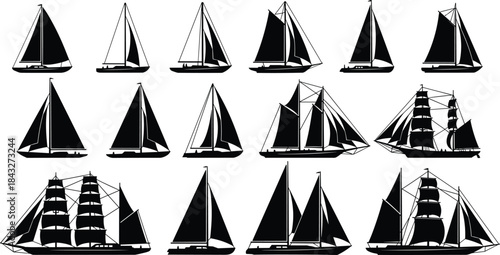Collection of sailing ship and yacht silhouettes featuring various mast designs and sail arrangements, perfect for nautical illustrations, marine graphics, maritime themes, and vector artwork.