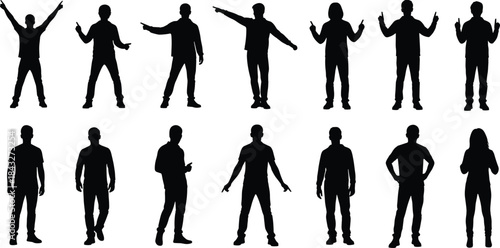 Collection of standing human silhouettes showing various gestures and poses, perfect for communication concepts, presentation graphics, instructional designs, marketing visuals, and vector artwork.