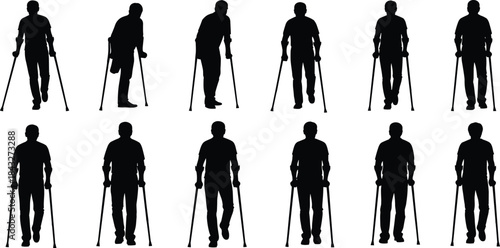 Collection of silhouettes showing a man walking with crutches in various poses, ideal for medical illustrations, rehabilitation concepts, healthcare graphics, and vector design projects.