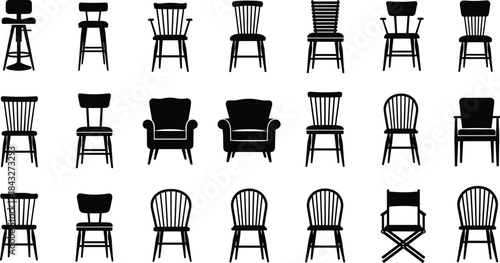 Collection of various chair silhouettes in different styles and shapes, perfect for furniture design concepts, interior illustrations, product catalogs, branding visuals, and vector artwork.
