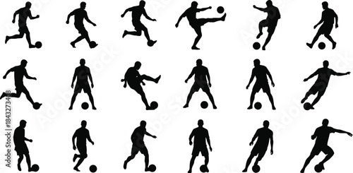 Dynamic silhouettes of soccer players performing various football skills, kicks, and dribbling movements for sports concepts, training illustrations, and athletic action designs.