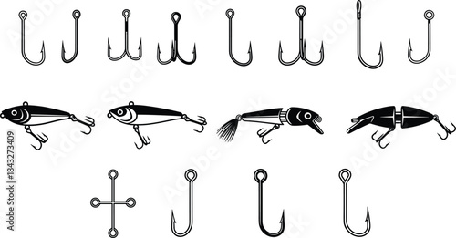 Fishing hooks and lure silhouettes set, angling equipment icons, tackle collection isolated on white background illustration vector design