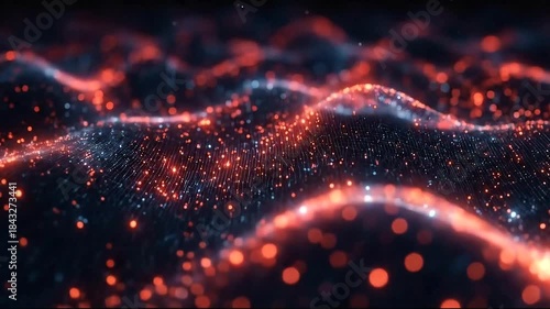 Abstract glowing particles creating waves in dark space