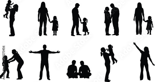 Heartwarming family silhouettes capturing parents and children bonding, playing, and sharing tender moments, symbolizing love, care, guidance, support, and connection.