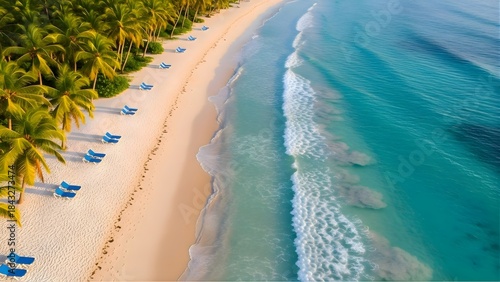 Fototapeta Naklejka Na Ścianę i Meble -  Aerial view captures pristine white sand beach turquoise ocean waves and lush green palm trees lining the shore