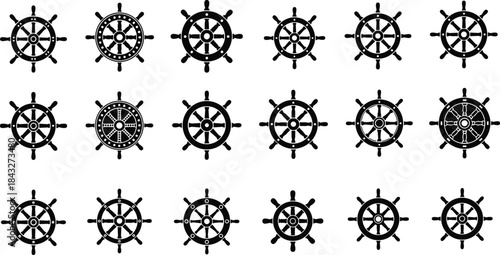 Set of nautical ship wheel icons in black silhouette style, perfect for marine designs, sailing themes, vintage navigation graphics, and logos.