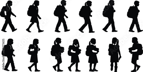 Silhouette illustration of school children walking with backpacks, students commuting to class, education concept isolated on white background