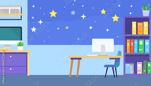 A brightly colored cartoon home office with computers, desk, chair, bookshelves, and night sky background