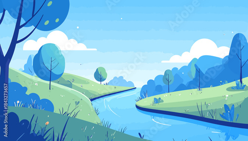 A calming scene of a bright blue river flowing through green hills under a light blue sky with fluffy clouds