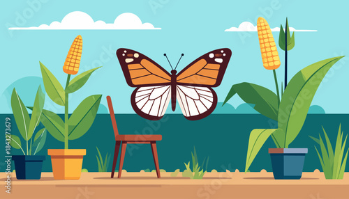 A cartoon butterfly hovers over a chair in a landscape featuring corn plants and stylized clouds