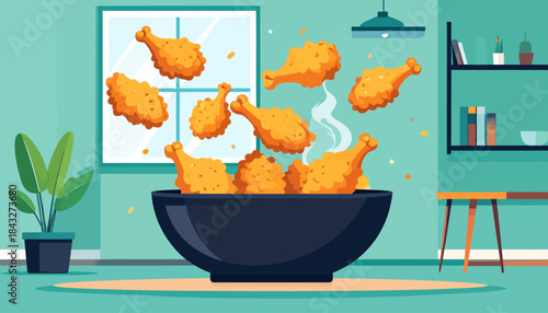 A cartoon rendering of fried chicken in a black bowl within a stylized interior room setting