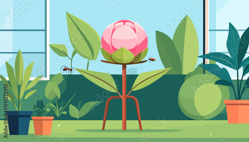 A cartoon illustration depicts a closed pink flower bud among various plants and ants near a window