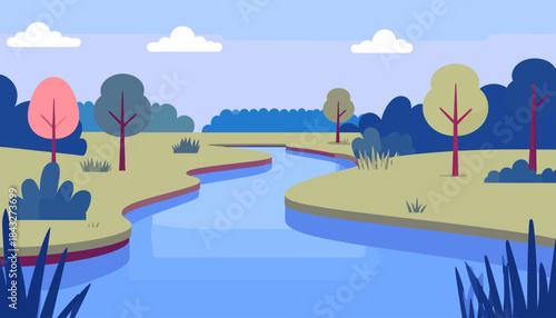 A cartoon river winds through the landscape under a cloudy sky, among trees and shrubbery