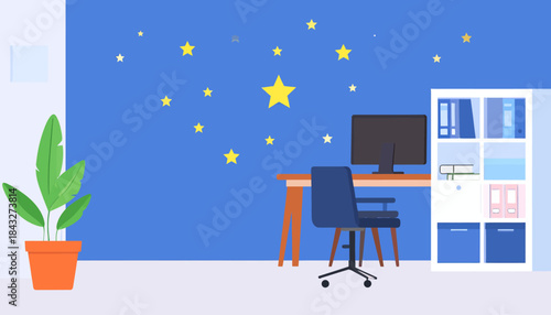 A cozy room desk with computer, blue chair, a bookcase, potted plant, and a star-filled night sky themed wall