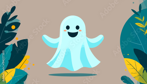 A cute cartoon ghost floats in the center with stylized foliage bordering the sides of the image