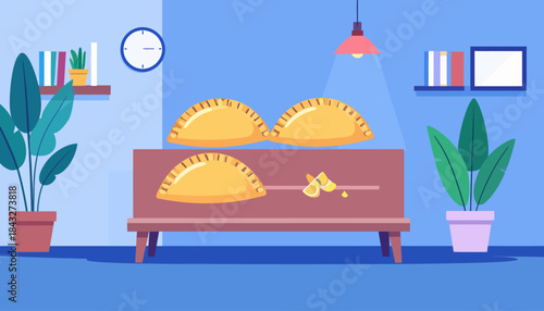 A cozy room with plants, shelves, and pastries served on a bench under a lamp