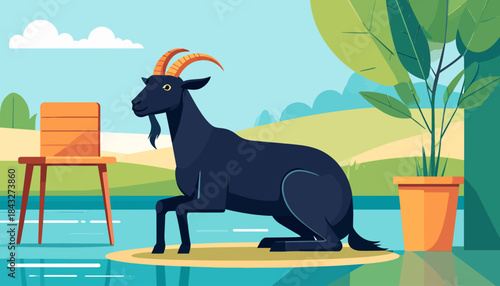 A digital illustration features a black goat by a lake, next to an empty chair, with foliage background