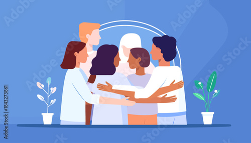 A diverse group of people embrace each other in a circle, against a blue background with simple potted plants