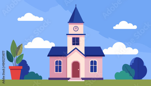 A flat, vector-style image of a building with a clock tower set against a blue sky dotted with fluffy white clouds