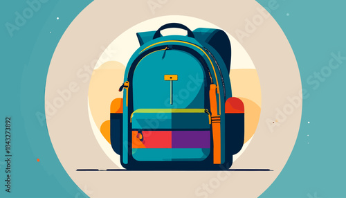 A flat, stylized illustration of a blue backpack with vibrant colors on a light backdrop, evokes travel and education