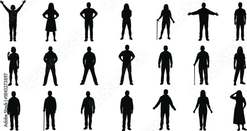 Silhouettes of diverse people in various standing poses and gestures, isolated black human figures for design, illustration, and creative graphic projects