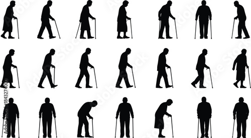 Silhouettes of elderly individuals walking with canes, representing aging, mobility assistance, senior health, disability support, and human movement in vector form.