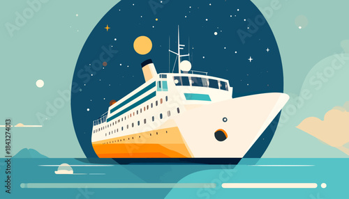 A minimalist ship sailing under a starlit night and moon, against a light blue background