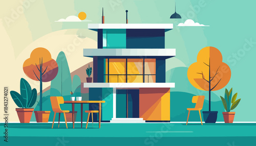 A modern, angular two-story house in a stylized, colorful landscape with trees, furniture, and potted plants