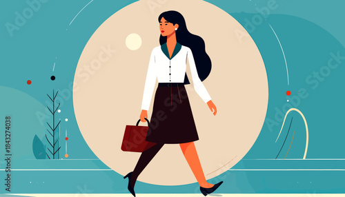 A woman walks with a bag against a bright, simple background, wearing business attire