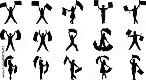 Silhouettes of energetic people waving flags in dynamic poses, representing celebration, performance, movement, cheering, and expressive human figure illustration for design projects.