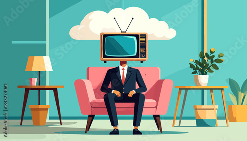 A person with a TV head sits in an armchair against a teal wall. Stylized illustration, flat colors, crisp lines