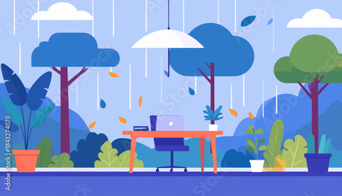 A work desk with computer sits in garden under umbrella, with raining background and floating leaves