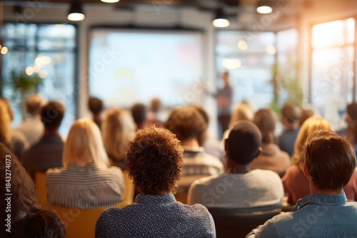 Audience listening to speaker during corporate seminar on anti-bullying awareness and inclusion, promoting respectful communication and positive workplace culture