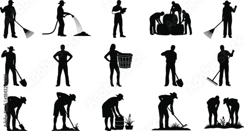 Silhouettes of farmers and gardeners performing various outdoor tasks, including raking, watering, planting, harvesting, and working with tools for agriculture and landscaping projects