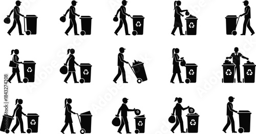 Silhouettes of people disposing and recycling waste using bins, illustrating environmental responsibility, garbage collection, sustainability habits, daily cleanup routines, and eco-friendly actions.