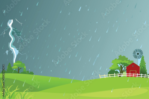 a stormy weather scene featuring a countryside landscape with rain and lightning high quality
