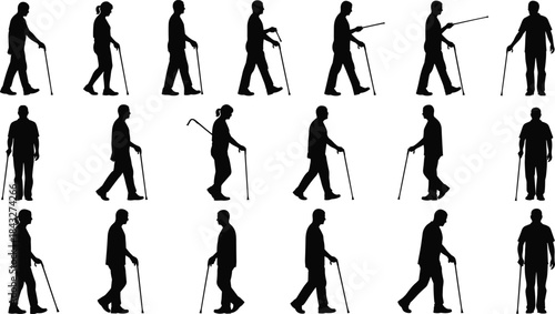 Silhouettes of people walking with canes in various supportive mobility poses, illustrating disability aid, rehabilitation movement, balance assistance, and human posture.