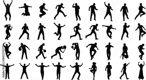Silhouettes of people in dynamic action and expressive poses, showcasing movement, sports, celebration, running, jumping, dancing, and energetic human figures.