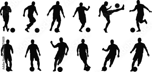 Silhouettes of soccer players performing various football actions, including dribbling, kicking, running, and ball control movements for sports design and athletic illustration.