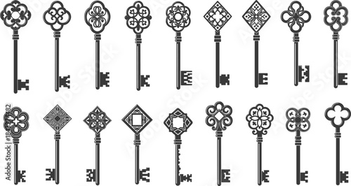 Vintage ornamental keys with intricate decorative designs, showcasing antique key shapes, classic patterns, and elegant metalwork silhouettes for creative illustration projects.