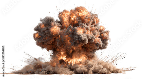 Fiery explosion creating a large mushroom cloud of dark smoke and intense flames, with debris and dust scattering from the powerful ground detonation on a transparent background, png