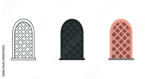 Three arched lattice structures in different colors and styles