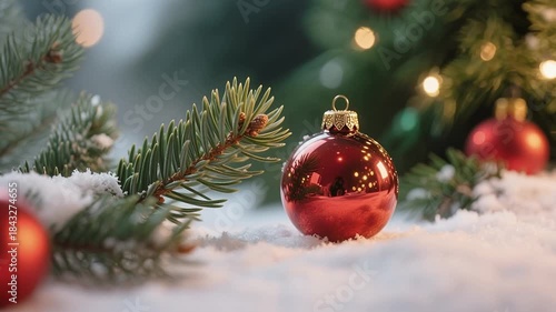 Red shiny bauble on snow-covered pine branch — atmosphere of Christmas coziness, festive sparkle and winter fairy tale