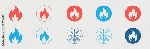 Hot and Cold Temperature Icons Vector – Fire Flame and Ice Snowflake Symbols in Red and Blue