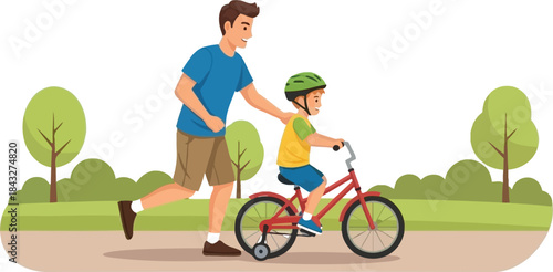 Father teaching son to ride a bicycle in a park setting on transparent background