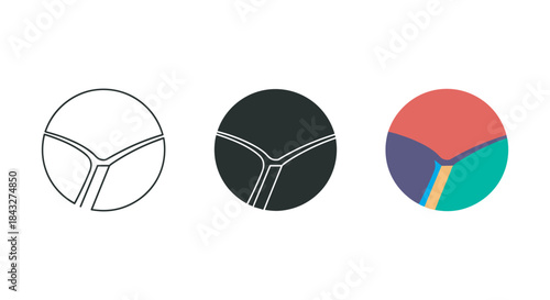 Three circular logos with unique designs and color schemes