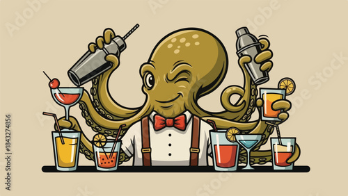 Vintage Octopus Bartender Mascot Retro Cocktail Character Vector